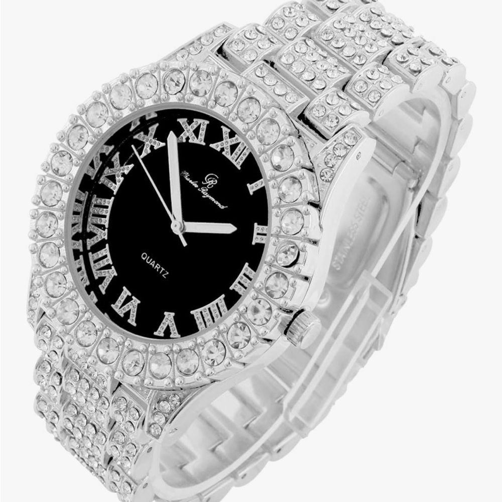 Iced Out Roman Numeral BustDown Watch Silver Black Dial HipHop Bling Quartz